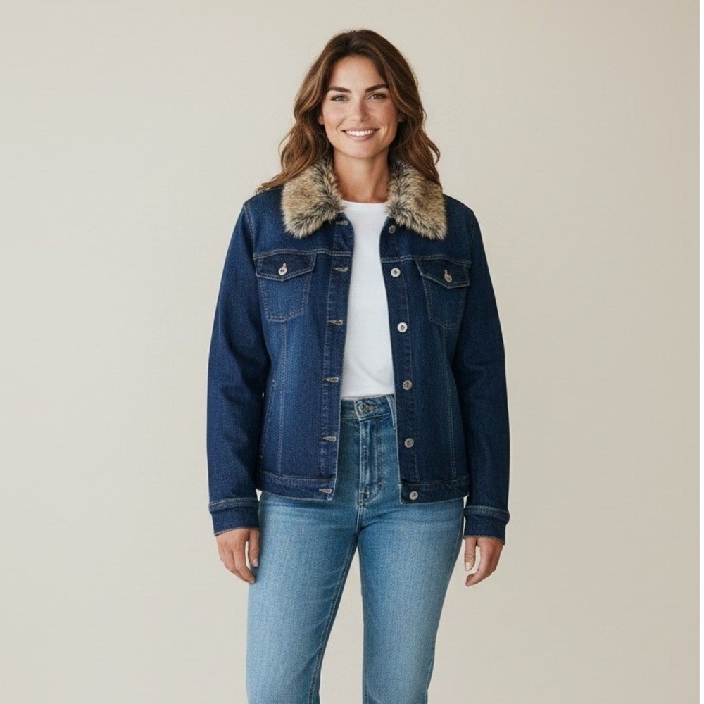 J. Jill Denim Jacket Faux Fur Collar Womens L Twilight Wash Blue Stretch NWT
